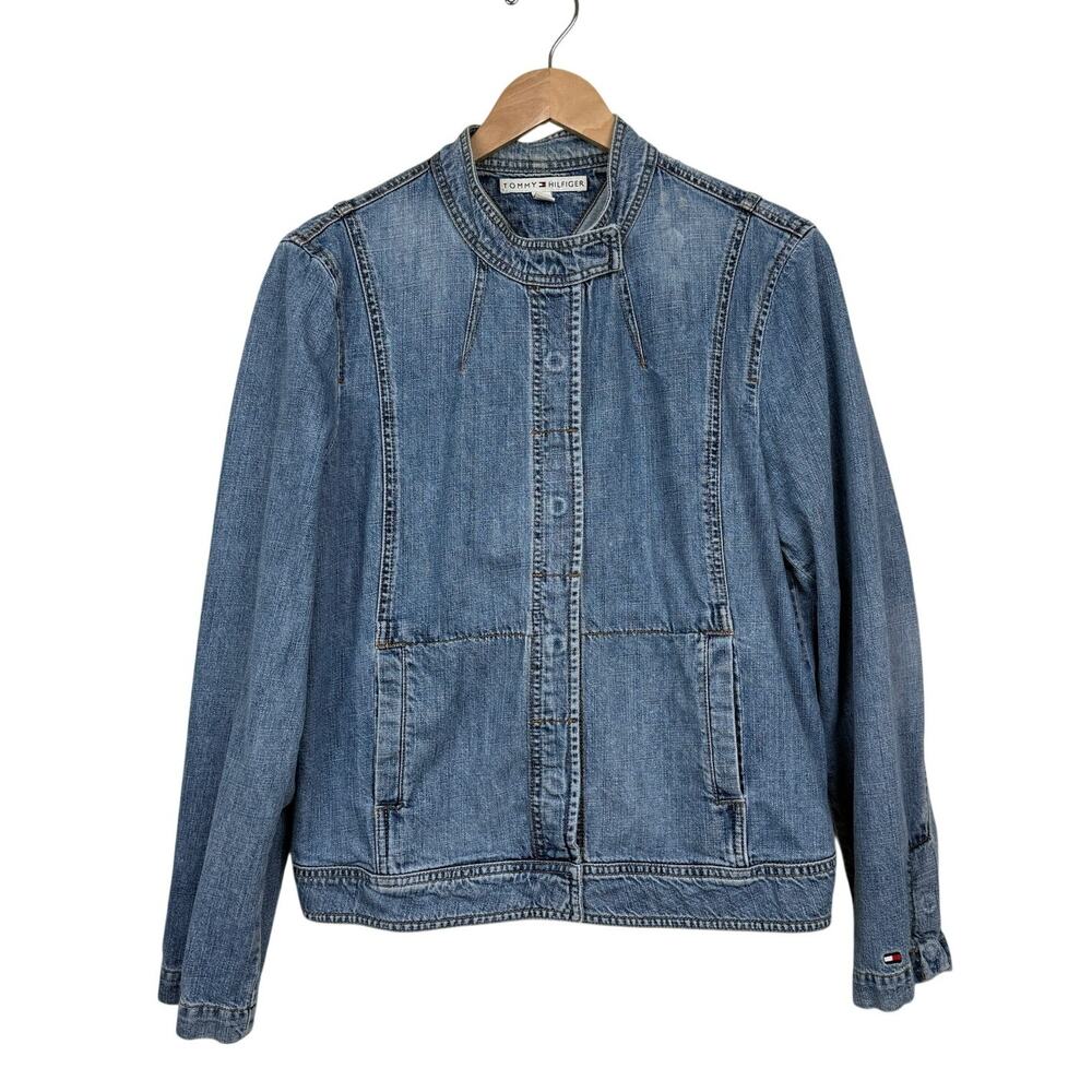 Tommy Hilfiger Denim Jacket 100% Cotton Blue XL Vintage Y2K Collarless Moto